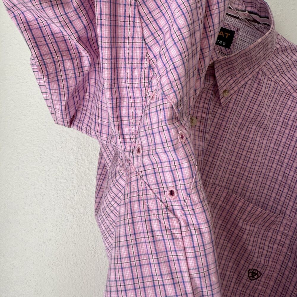 Ariat Pro Series Shirt Men L Pink Plaid Button Down Short Sleeve Chest Pocket - Picture 7 of 13